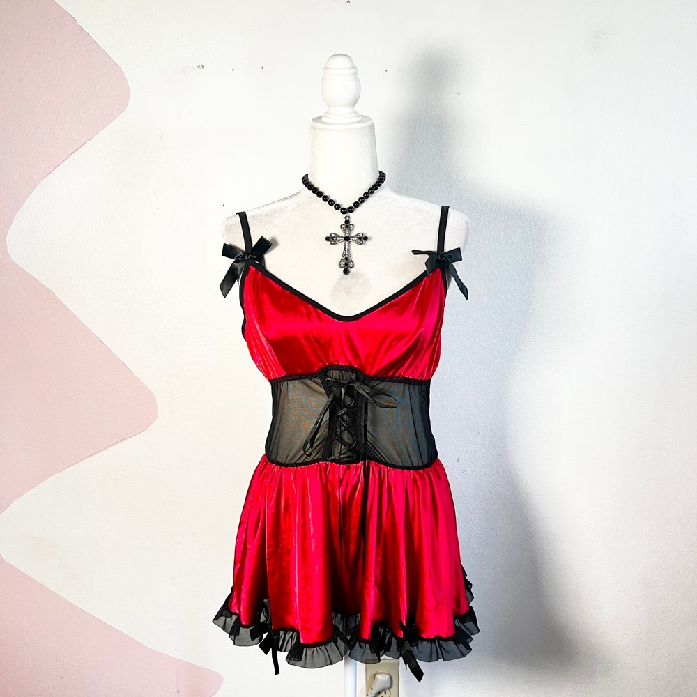 Red Mesh Mini Dress Sz Small Corset Style Cosplay Emo Mall Goth Vampire Festival